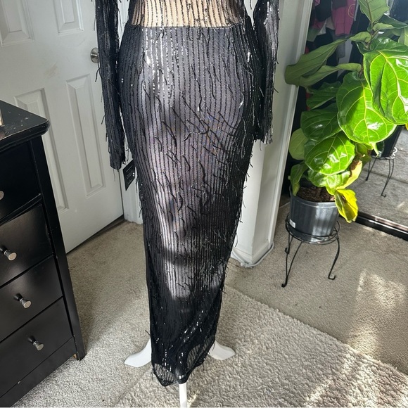 LULU’S SHEER FASCINATION SHEER MESH SEQUIN FRINGE MAXI DRESS - Picture 15 of 16